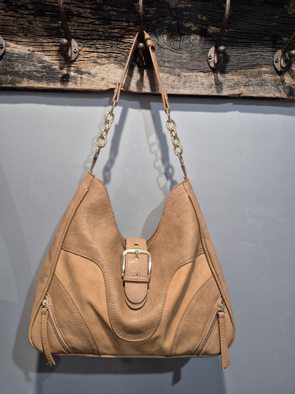 BLUSH Boho Camel Faux Suede Multi-Panel Hobo Shoulder Bag with Buckle